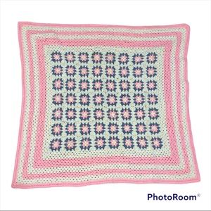 Handmade Granny Square Crochet Blanket Afghan Pink White Blue 50” x 46" Lap Baby